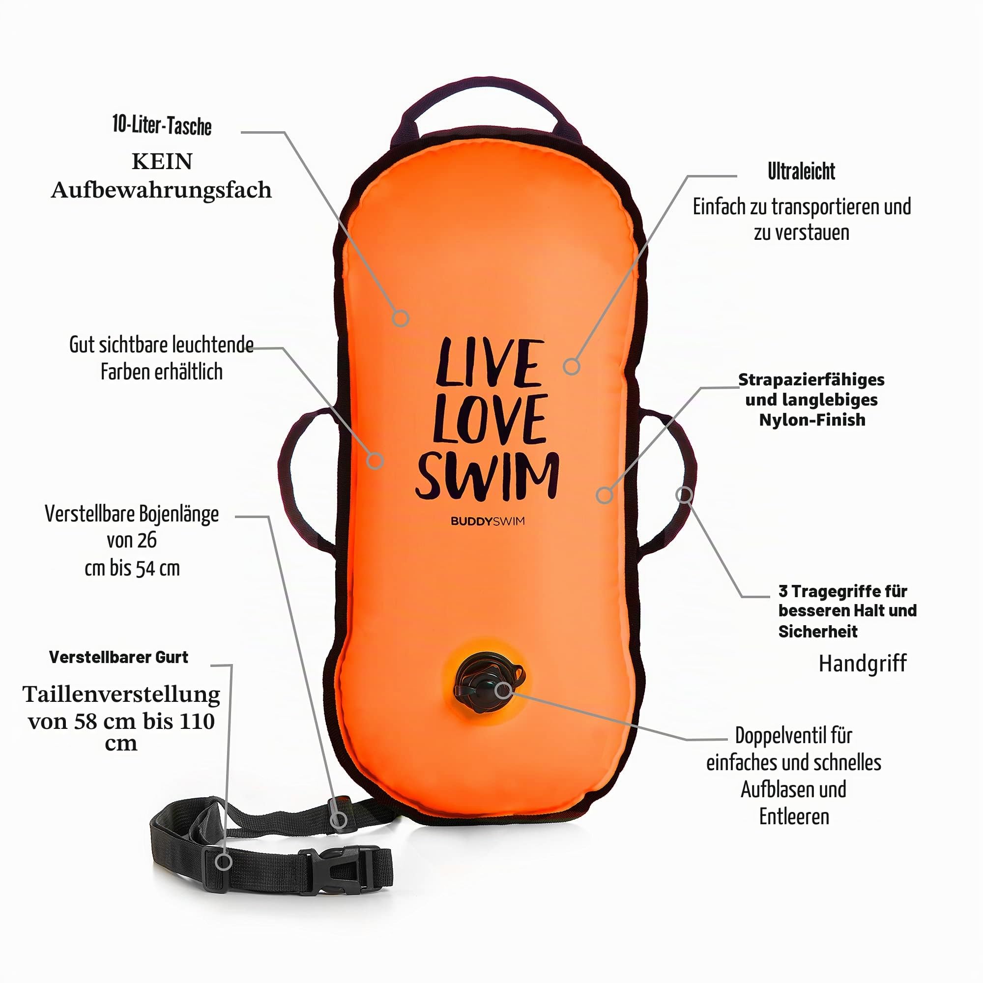 Freiwasser Schwimmboje 10 L für Überquerungen und Wettkämpfe. Nylon-Oberfläche, Ultraleicht und widerstandsfähig, mit Griffen und verstellbarem Gürtel. Schwimmring Erwachsene.
