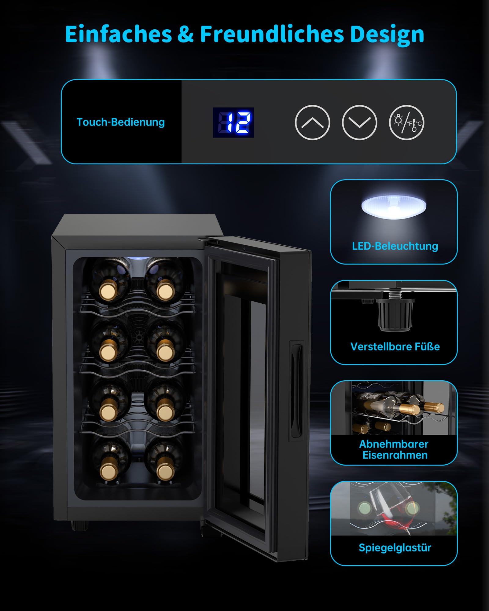 WIE Weinkühlschrank 8 Flasche Getränkekühlschrank 23L Weinschrank Klein 5-18°C Wein-Kühlschrank mit Glastür Vollglas-Designtür LED Touchpanel Anti-UV Mini Wine Fridge