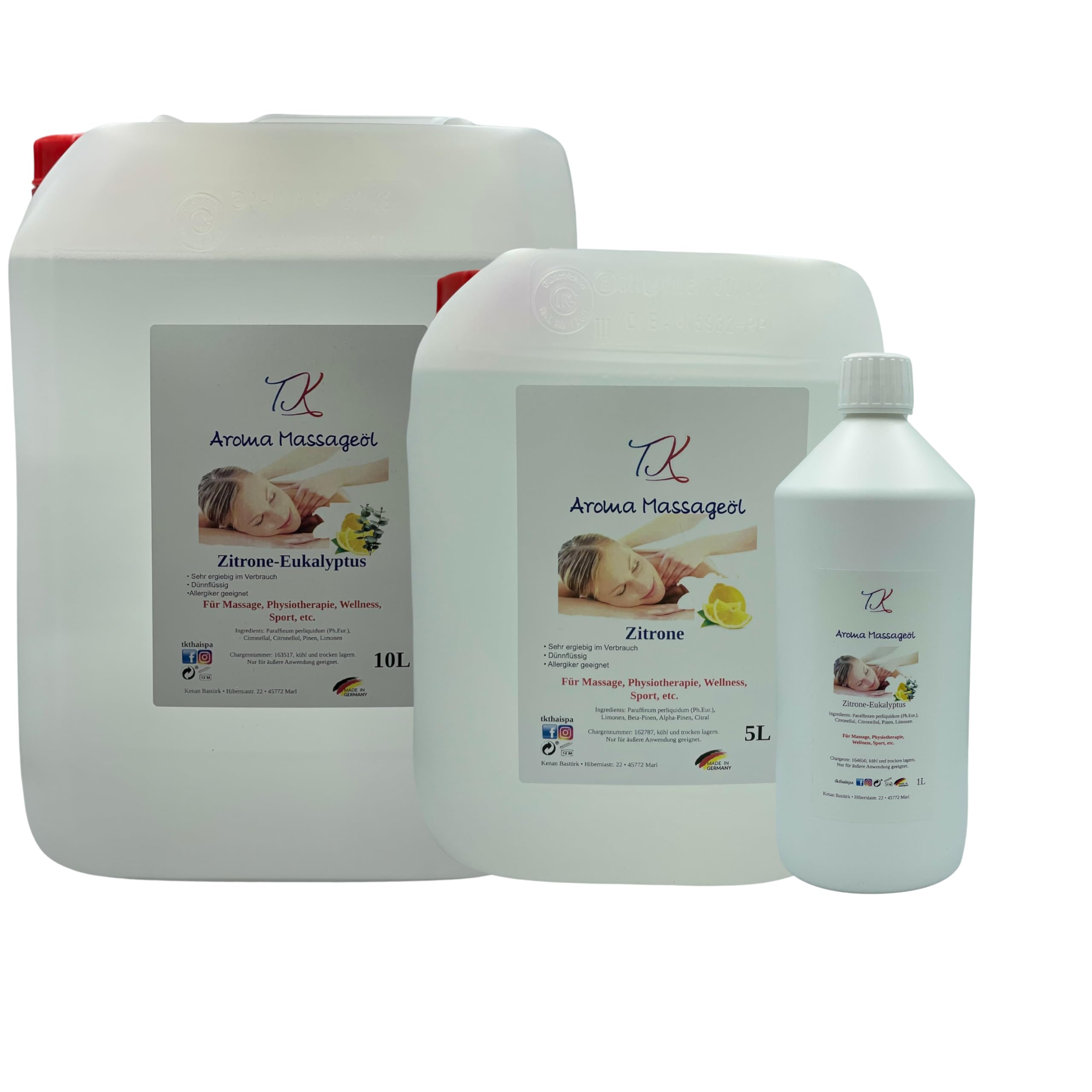 Juego de 12 aceites aromáticos para masaje, fisioterapia, bienestar, deportes, etc. (2 x 500 ml) en calidad farmacéutica (1000 ml, lavanda y limón de eucalipto)