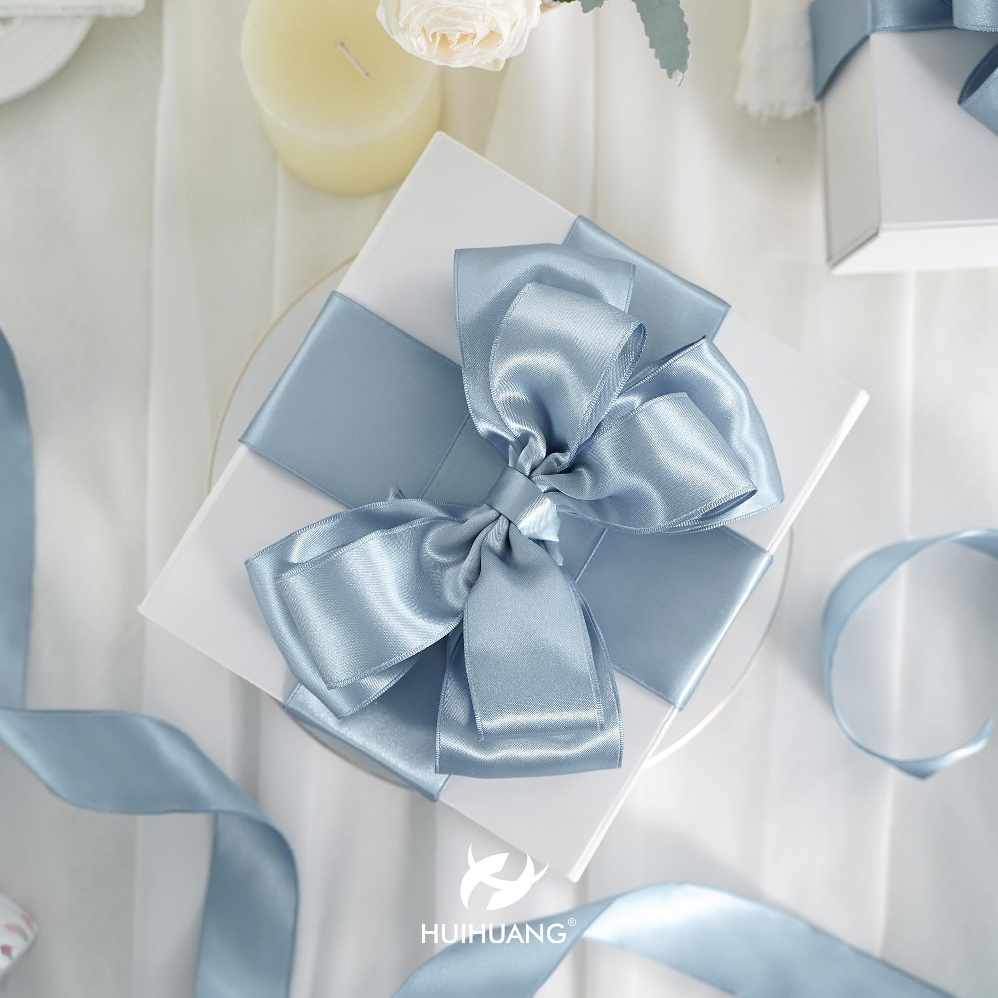 HUIHUANG Nastro di raso blu polveroso con filo metallico, 6,3 cm, nastro di raso double-face con bordo metallico per fiocchi, fiori, confezioni regalo, ghirlande, decorazioni per baby shower,
