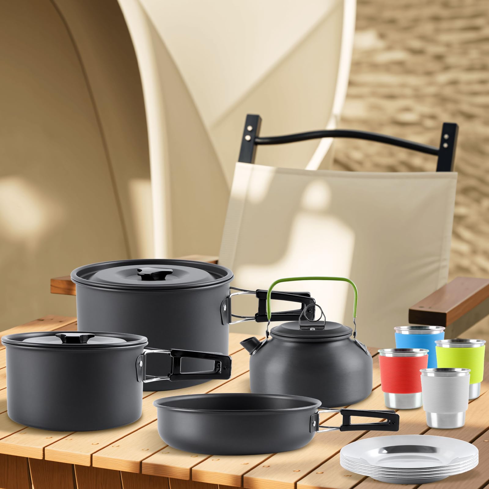 Juego de utensilios de cocina para camping, ollas de aluminio, olla de camping, vajilla para 4 personas, vajilla de camping para 4 personas, vajilla de camping