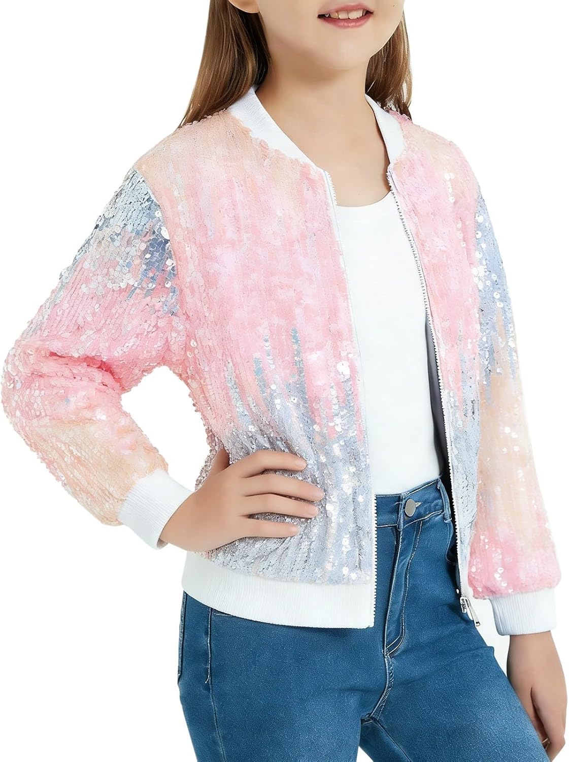 Kids Sequin Jacket Girls Sparkly Metallic Dance Party Zip Up Glitter Sweatshirt Spring Shiny Long Sleeve Top Clothes