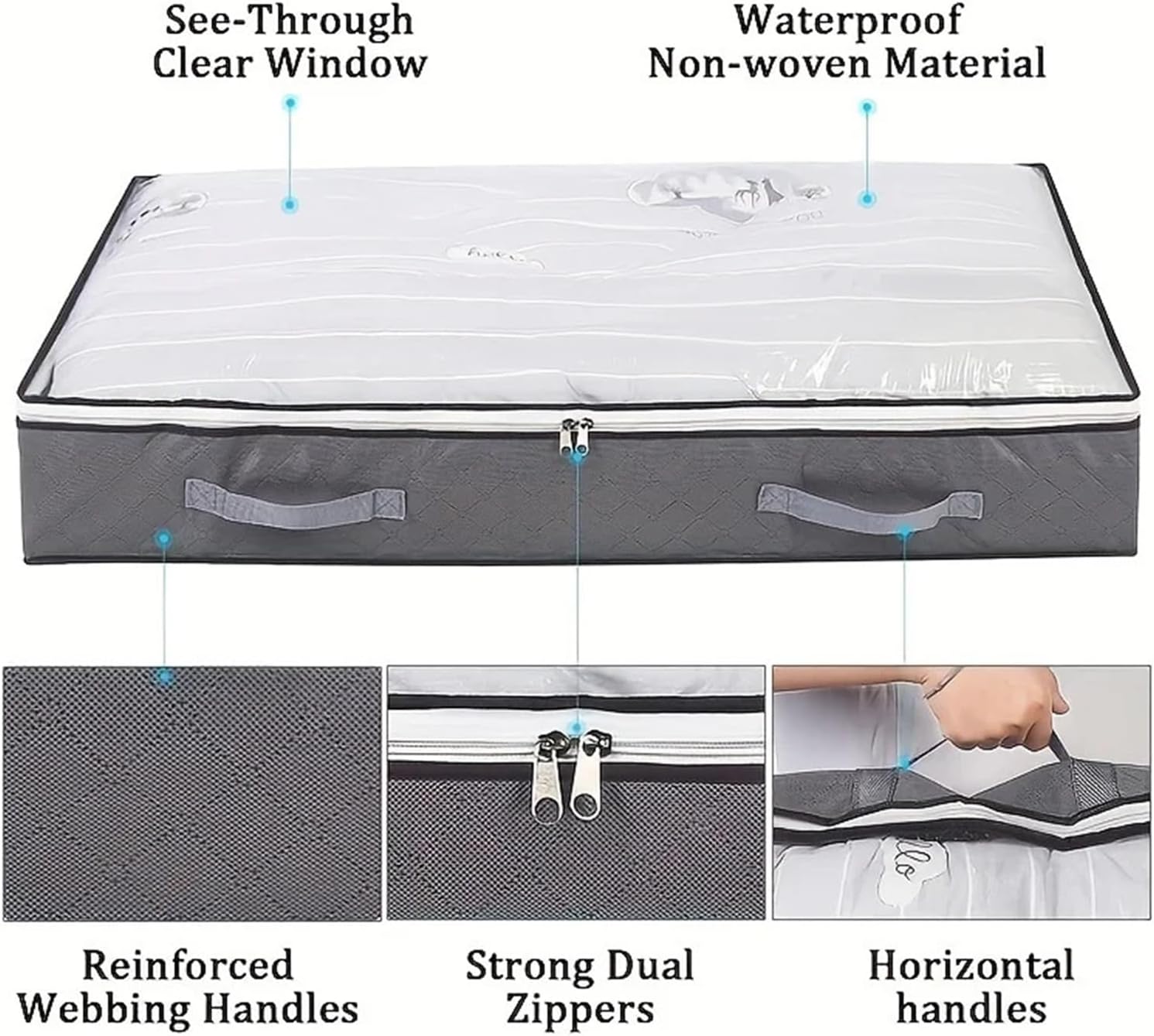 Under Bed Storage Box 2 PC Large Capacity Under Bed Storage Bag Clear Window, Reinforced Handles Foldable Closet Organizer for Blankets Clothing(Light Grey)