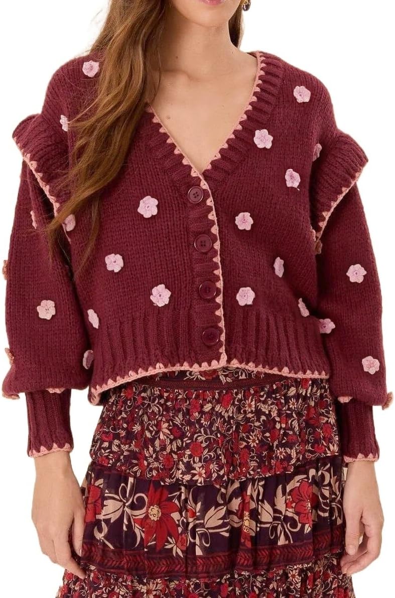 Womens Floral Cardigan Sweater Chunky Knit Drop Shoulder V Neck Button Down Embroidered Flower Cardigan Tops