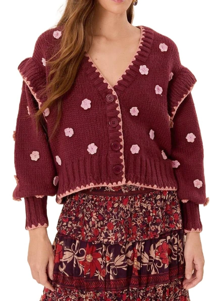 Womens Floral Cardigan Sweater Chunky Knit Drop Shoulder V Neck Button Down Embroidered Flower Cardigan Tops