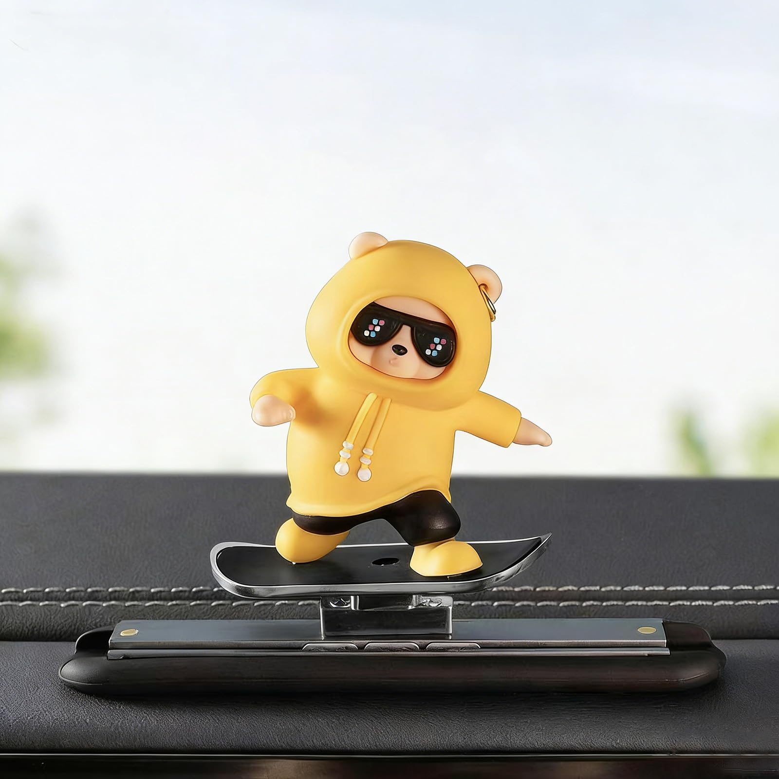 Skateboard Bear Car Dashboard Ornament for Suzuki Baleno 2017-2024 2025, Sliding Car Interior Decoration Cool Auto Accessories Gift,Yellow