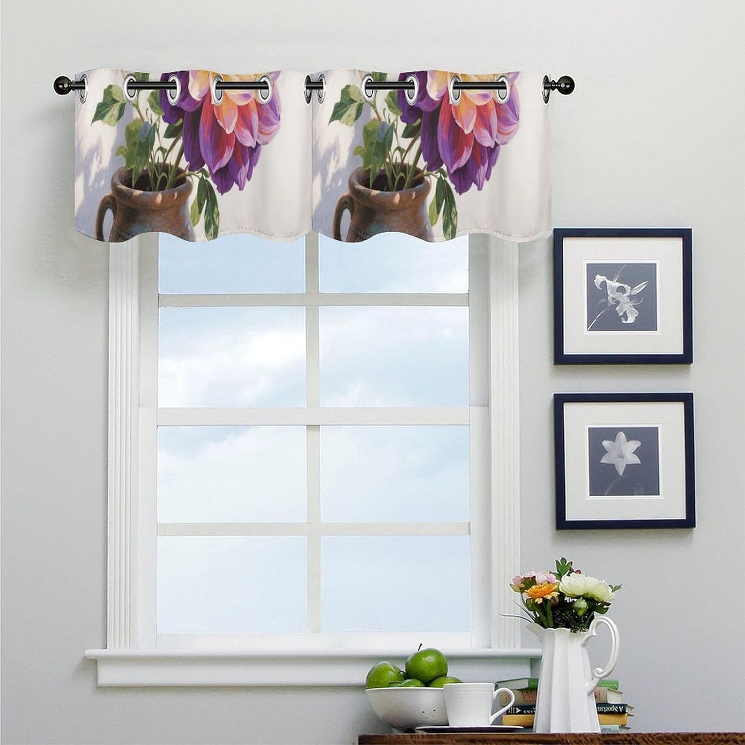 Colorful Flower Valance for Windows, 2 Pack Kitchen Curtains Modern Home Decor, Soft Blackout Window Curtains for Living Room & Bedroom, 18 X 52 Inch