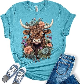 Womens Highland Cow Shirt Cute Cowgirl Tshirt Cattle Bella Graphic Tees Casual Short Sleeve Summer Tops