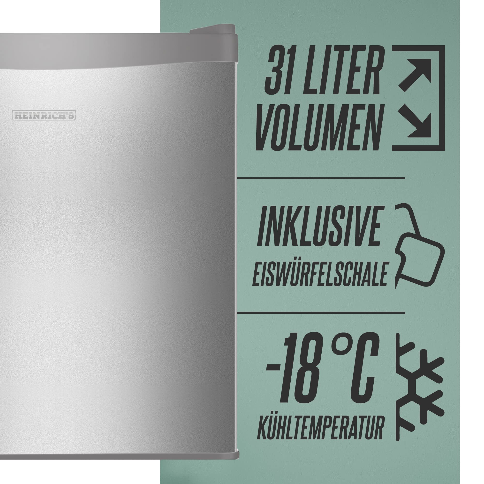 HEINRICHS Mini Gefrierschrank 31L klein kompakt leise:40db Gefrierbox wechselbarer Türanschlag mini Tiefkühltruhe bis zu -18°C,Tiefkühlschrank,perfekt geeignet für Büro Camping Garten Outdoor(Silver)