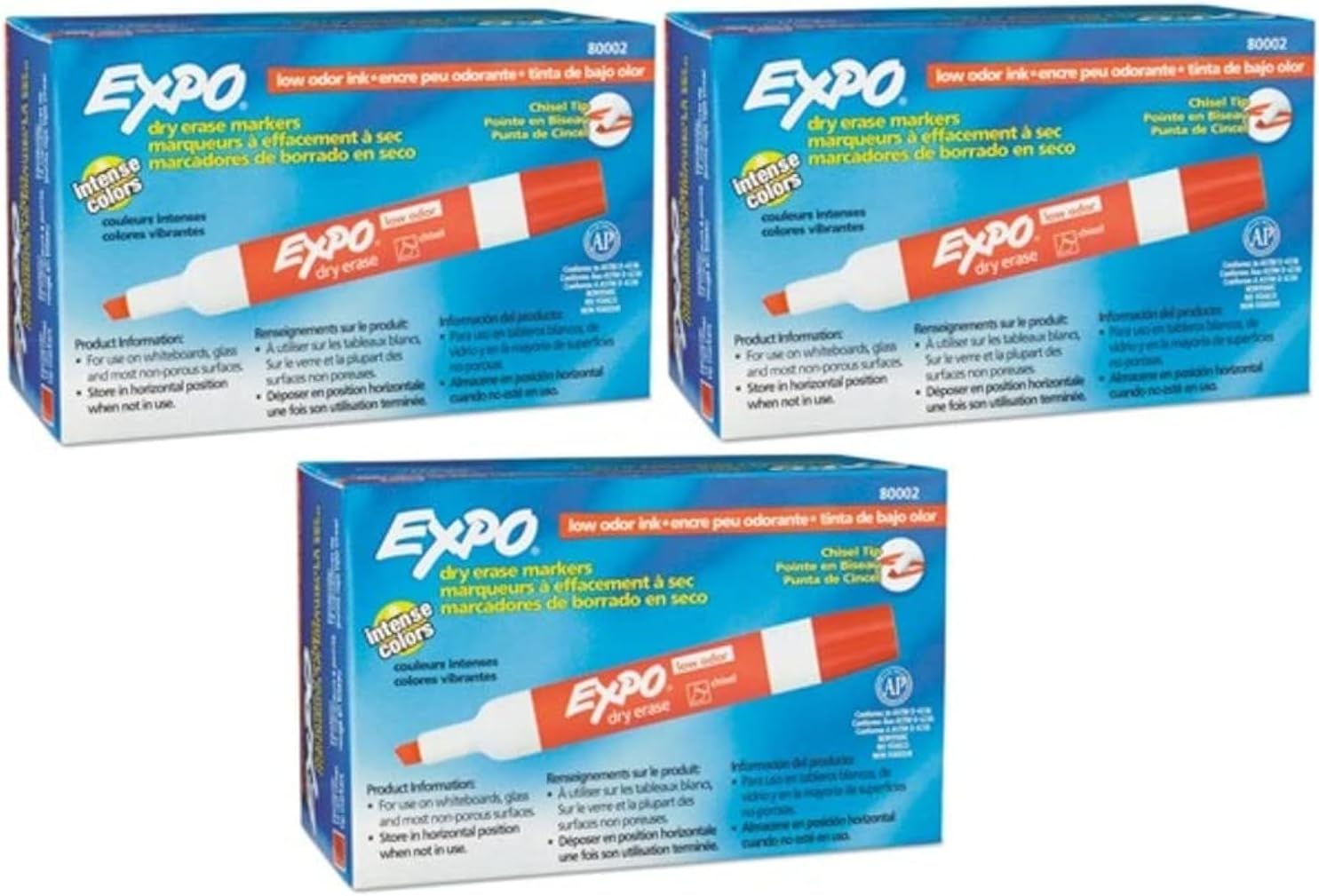 EXPO 80002 Low Odor Chisel Point Dry Eraser Marker (Pack of 3), Red; Write On Whiteboards, Glass and Most Non-Porous Surfaces; Low Odor Dry Erase Ink; Case of 3 Box of 12 Markers