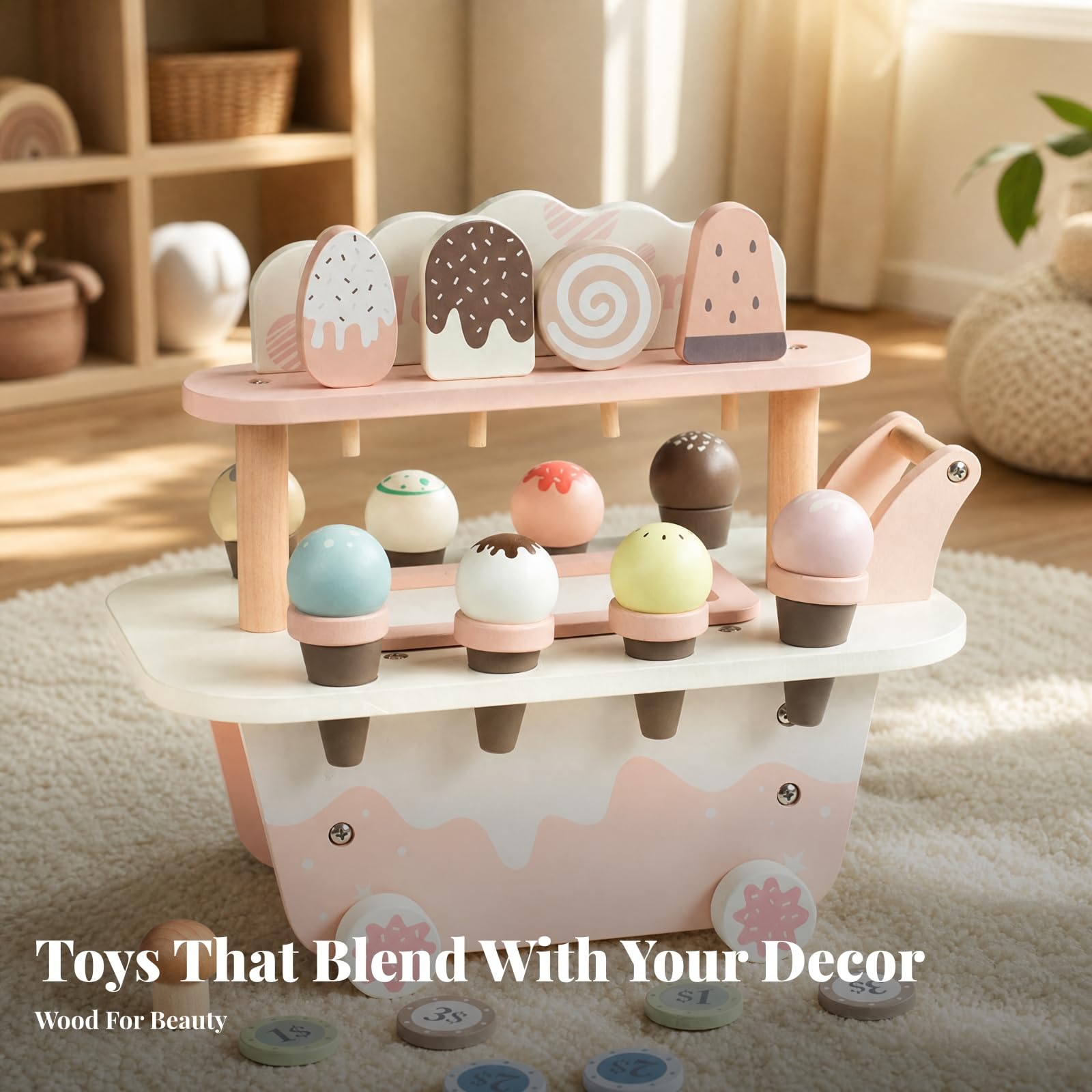 Carretto dei Dessert Giocattolo | Decorativo, Banco Gelati Finto, Interattivo, Carrello con Ruote, per Asilo, Bambini