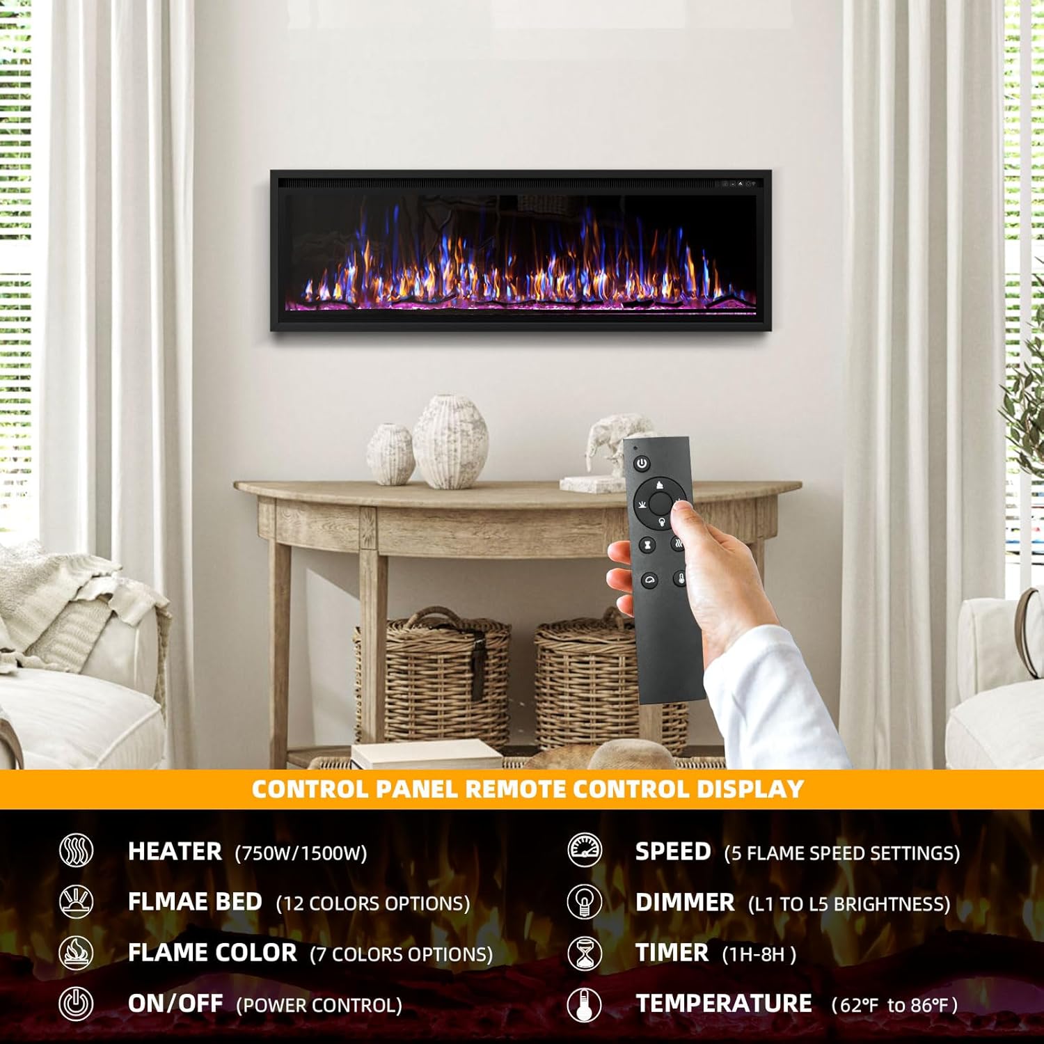 BREEZEHEAT 60 Inch Electric Fireplace-Recessed & Wall Mounted Linear Fireplace-750/1500W Heater w/Temperature Control, Log & Crystal Options, Adjustable Flame, Remote Control