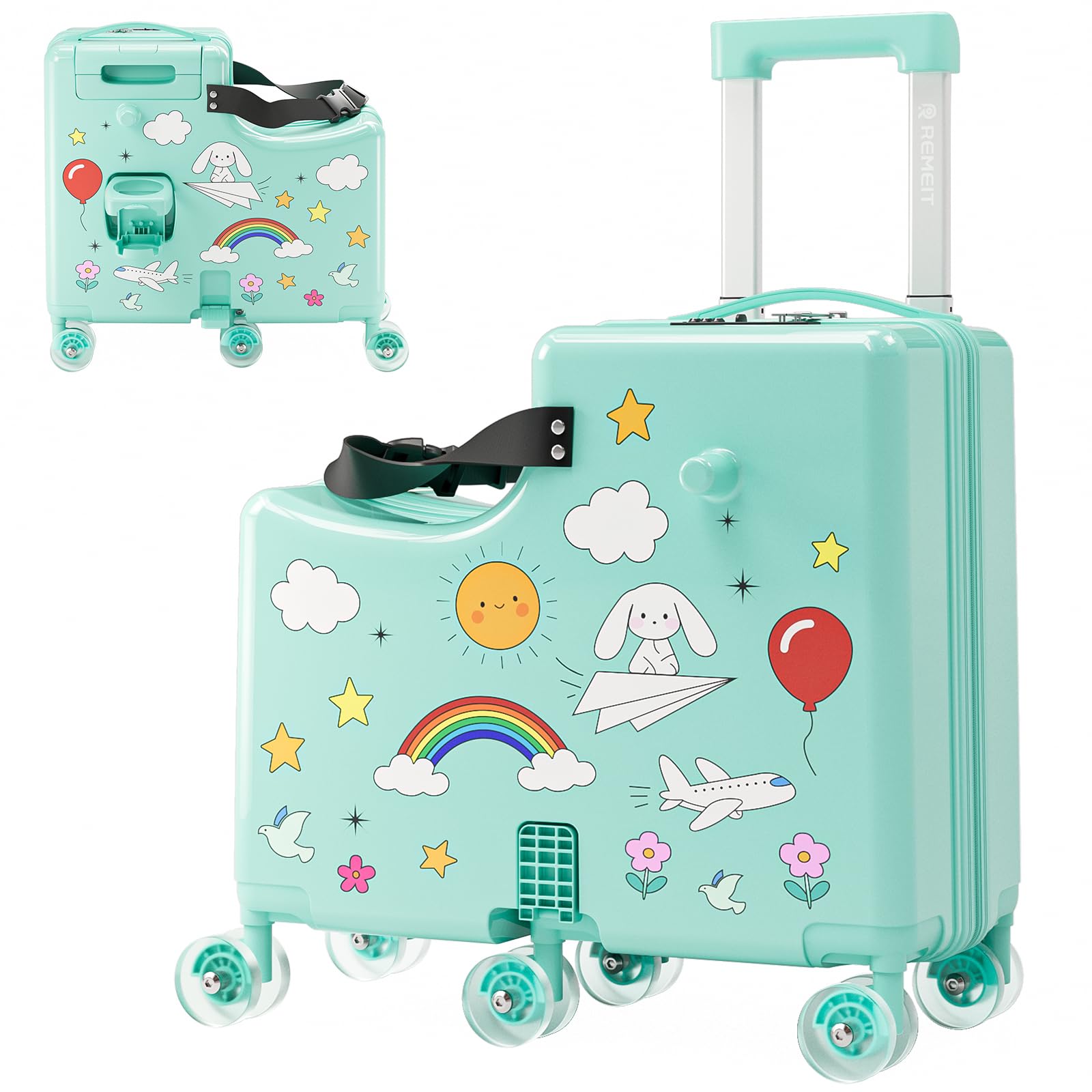 Photo 1 of REMEIT Ride-On Suitcase for Kids Carry On Luggage, Hard Shell Kids Travel Suitcase with 6 Spinner Wheels, TSA Lock, Safety Belt, Foldable Pedal & Cup Holder, Kids Riding Luggage, Green