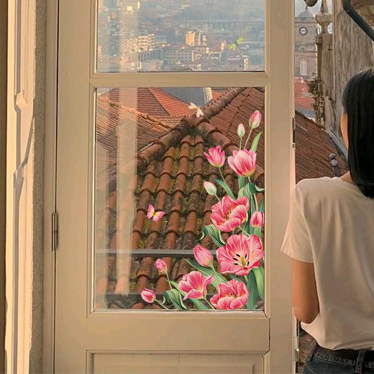 WandSticker4U® - Reusable Window Stickers Spring Tulips Red (60 x 44 cm) I Window Sticker Flowers Self-Adhesive Window Sticker Living Room Bedroom Bathroom Kitchen Window Decoration