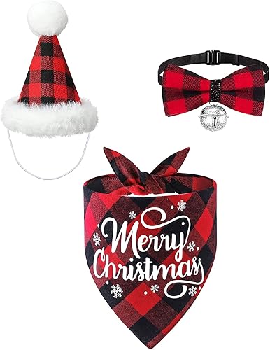 DULEFUN 3 piezas de disfraces de Navidad para perro, traje clásico de búfalo a cuadros, ropa de Navidad para perro, bandana, sombrero, bufanda,