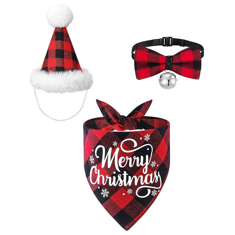 Fantasia de Natal para Cães DULEFUN com Chapéu, Bandana e Gravata-Borboleta Xadrez, Pacote com 3