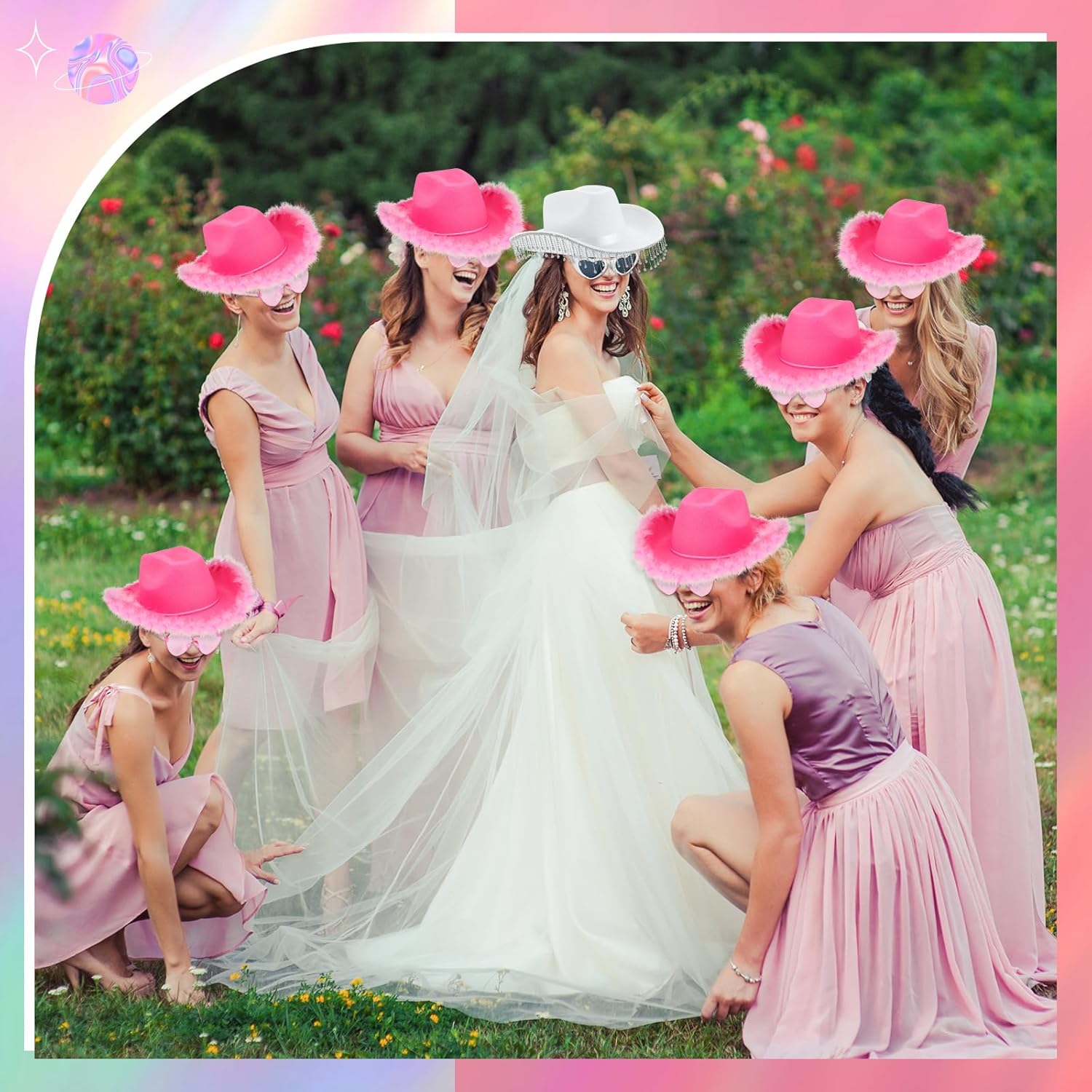Panitay 14 Pcs Bridal Cowgirl Party Set Bachelorette Feather Cowgirl Cowboy Hat Heart Shaped Sunglasses Bride Fringes Hat - Image 5