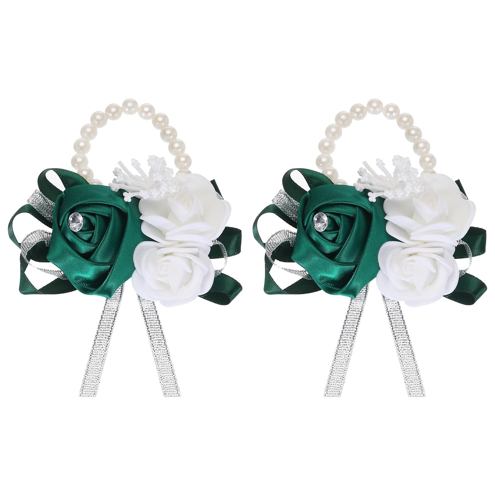 sourcing map Wrist Corsage Artificial Flower Bracelets Pack of 2 Rose Wrist Bride Groom Decorative for Wedding Ceremony Prom Party Anniversary Dark Green