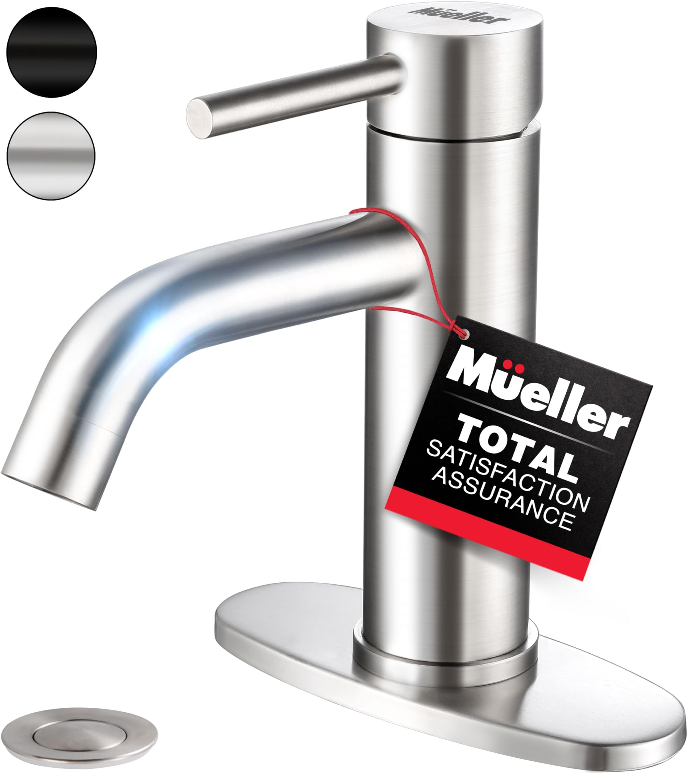 Mueller Premium Single-Hole Bathroom Sink Faucet, Single-Handle with Drain Assembly, Deck Plate for 1-Hole and 3-Holes Installations, Stainless Steel Brushed Nickel Finish, Supply Lines Preassembled