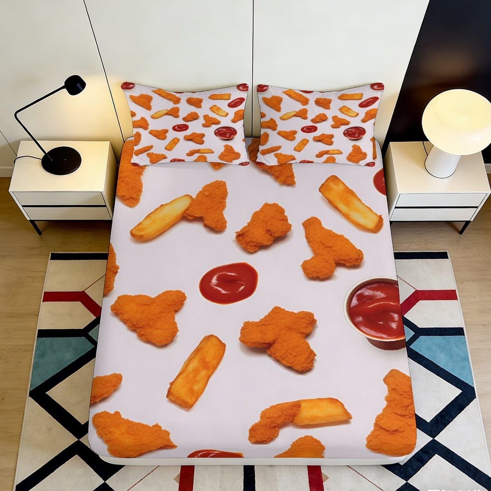 Jqzkxnhpbr Style-1 3D Printed Chicken Nuggets Fitted Sheet Microfiber Soft Fries Bed Sheet For Bedroom Dorm Mattress Protection Decor 90X200x25cm