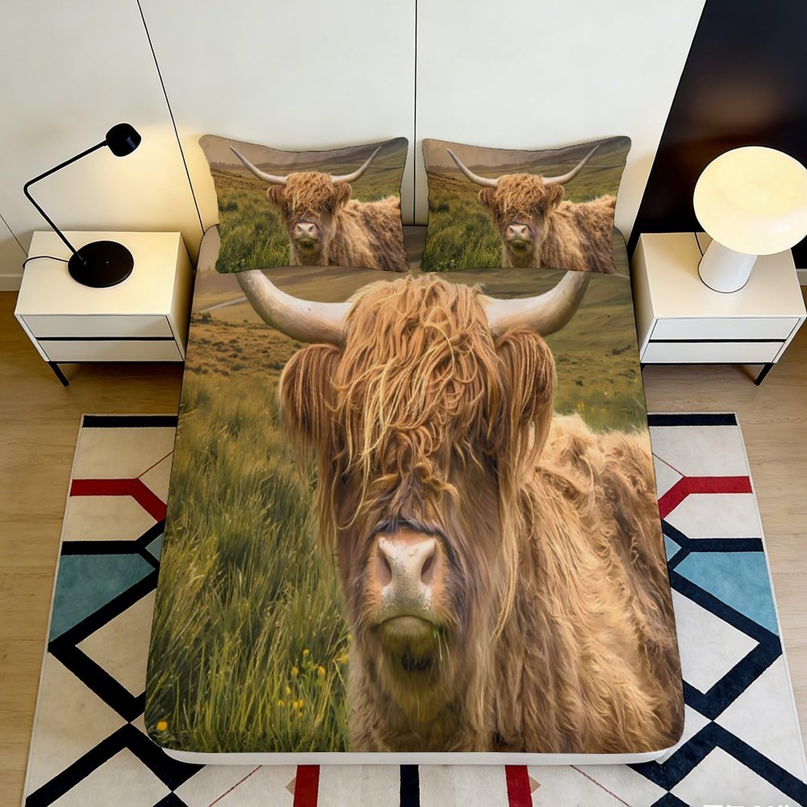 3D Printed Highland Cow Fitted Sheet Microfiber Soft Brown Pasture Mattress Cover Bedroom Decor 120x200cm 140x200x25cm