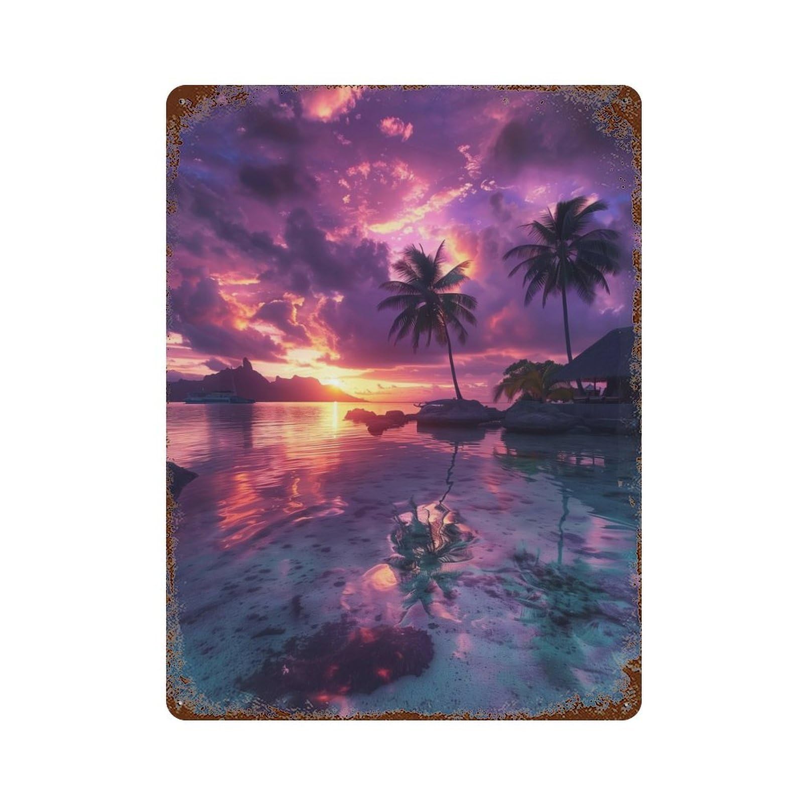 Rust Effect Tropical Sunset Bliss Vintage Rust Metal Sign 15.7"x11.8", Vintage Wall Decor for Garage, Bar And Workshop Decor