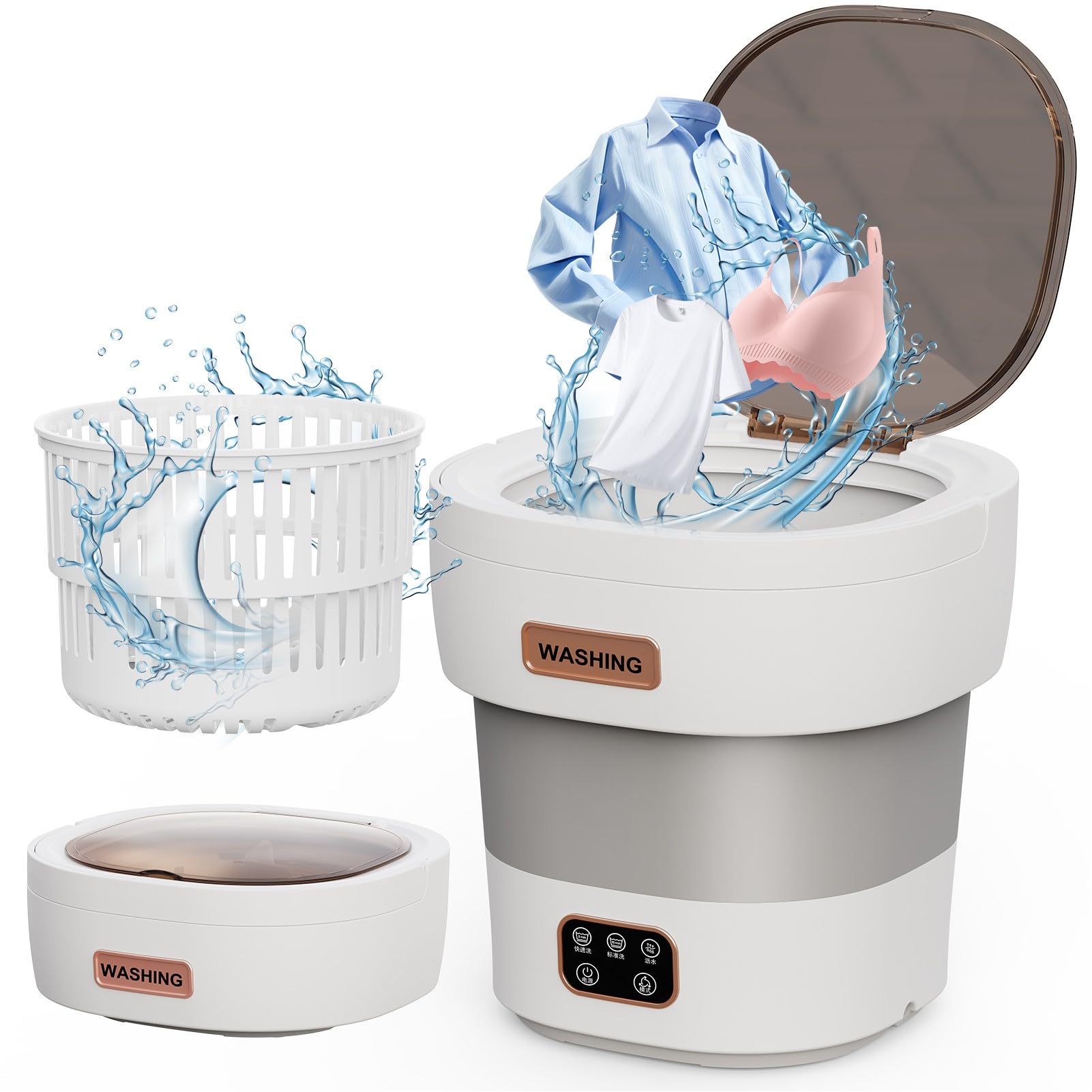 Portable Washing Machine - The Upgraded 12L Foldable Mini Washer with Powerful Cleaning &amp; Low-Noise Design | Perfect for Household, Baby Clothes, Travel, Apartments/Dorms/RVs （Grey-White)