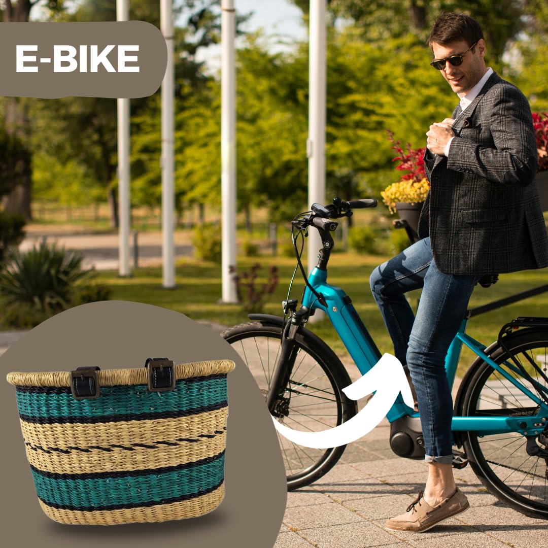 Fahrradkorb Afrika - XXL - Fair Trade - Viele Farben - Geflochten in Ghana - Vorne Fahrradlenker - Hinten Gepäckträger - Flechtkorb mit Lederriemen - Transportkorb für Hund - Groß - Bunt