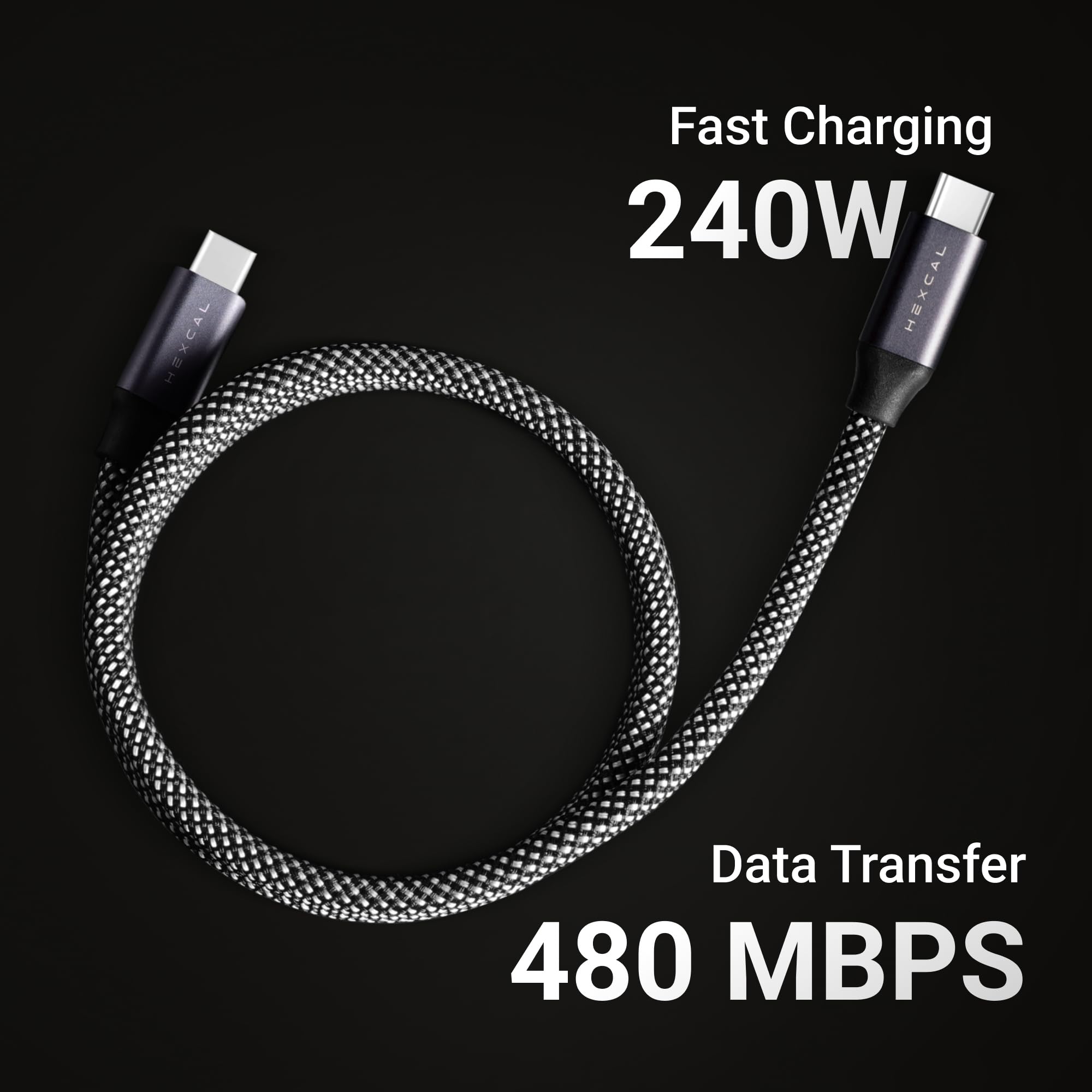 HEXCAL Cable de carga magnético, cargador de 240 W USB-C a USB-C autoenrollable, transferencia de datos de 480 Mbps sin enredos, cable trenzado de 1 m para MacBook Pro, iPhone 16/15, iPad y Galaxy