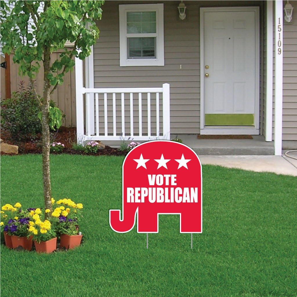 VictoryStore Vote Republican Elephant Shaped Yard Sign with 2 Stakes - Political Yard Sign - 22" X 19" Red Plastic Rectangular Sign with Stake Mount