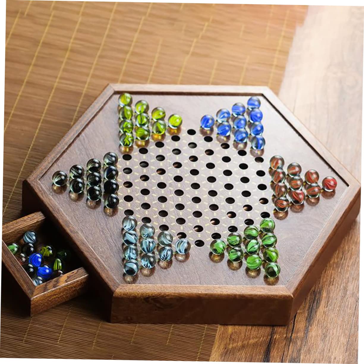 Gioco Marrone in Legno con Cassetti a Esagono di Dama Cinese | Tradizionale, Tavolozza Strategica per Gioco di Gruppo, Biglie di Vetro Incluse