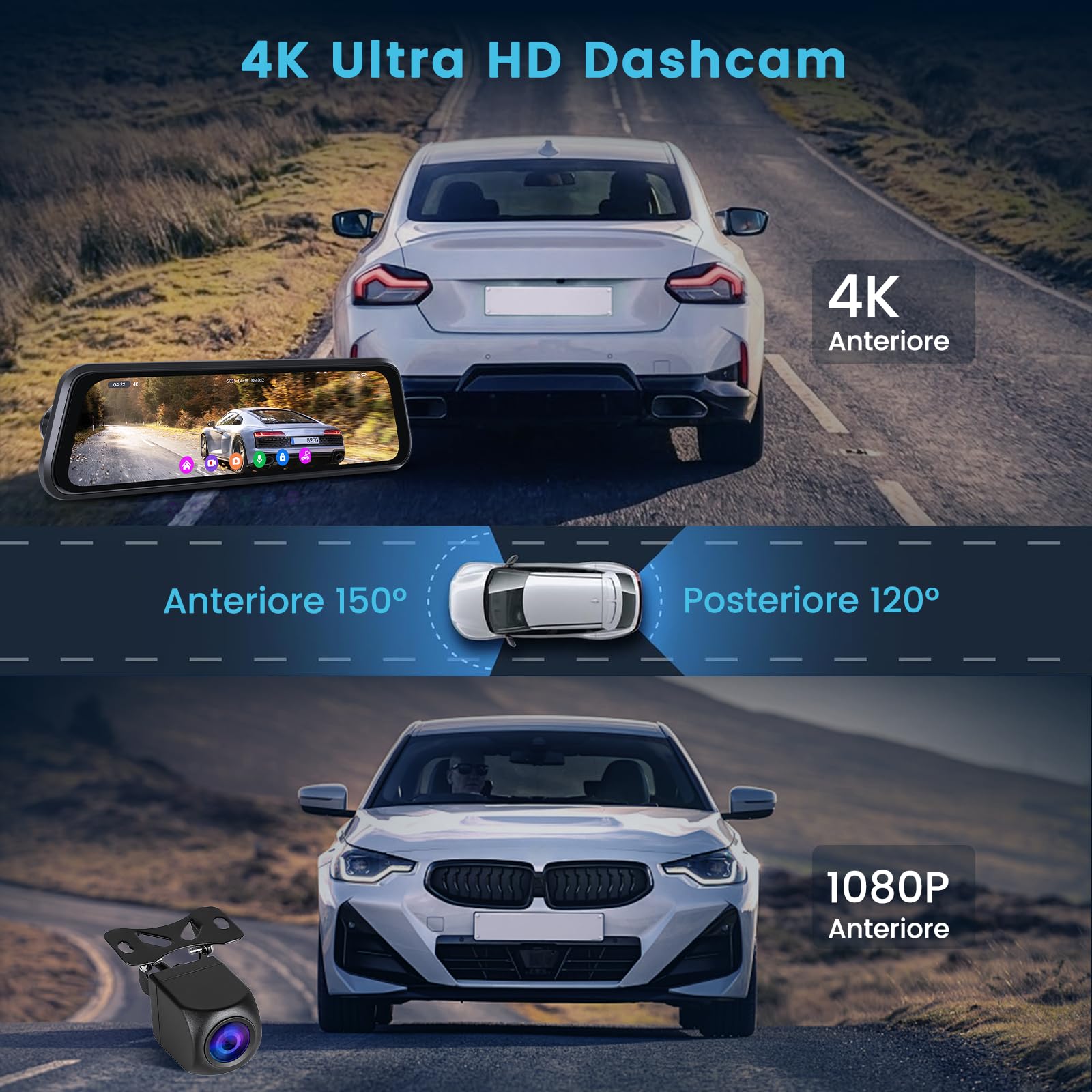 Inefala 4K WiFi Dashcam Espejo Retrovisor con GPS App, 9.66'' Espejo Retrovisor con Camara Frontal y Trasero, Cámara Retrovisor para Coche con Sensor G, Tarjeta SD de 64 GB, ADAS, Grabación en Bucle