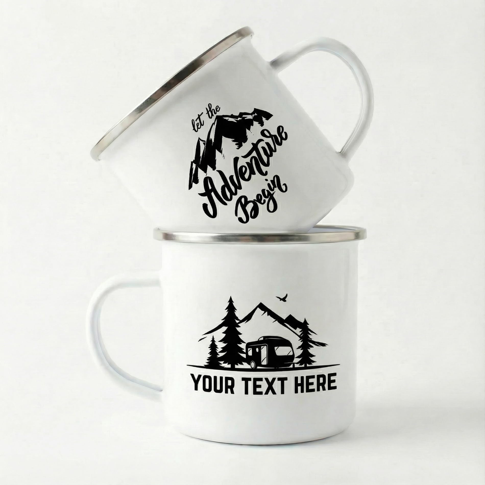 Personalized Camping Mug The Adventure Continues 12oz Enamel Mug Custom Name Date Gift for Couples Hikers Outdoor Lovers
