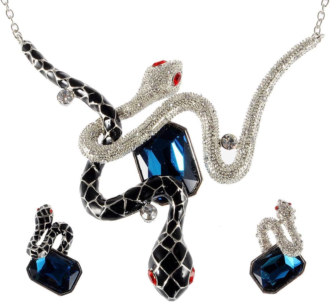 Alilang Sapphire Blue Black Silver Enamel Twin Snakes Crystal Rhinestone Necklace Earring Set