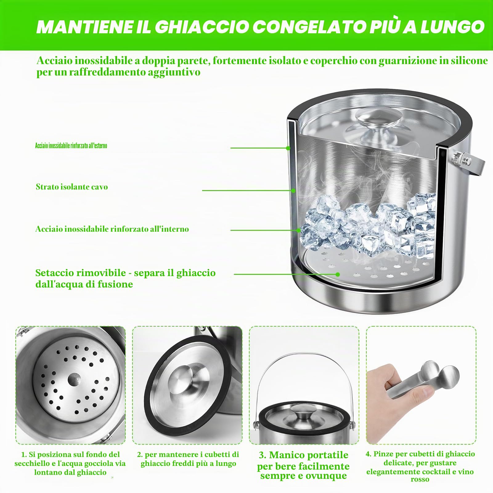 Sprifityy 2,2L Secchiello per Ghiaccio a Doppia Parete in Acciaio Inox,con Coperchio in Silicone, pinze e Filtro,Secchiello Ghiaccio Acciaio Inox,Ideale per Famiglie e Bar