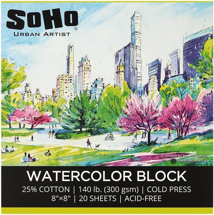 SoHo Urban Artist Watercolor Block 8x8-2 Pack - 140lb 40 Sheets Total Cold Press, Professional, Sustainable, Acid-Free