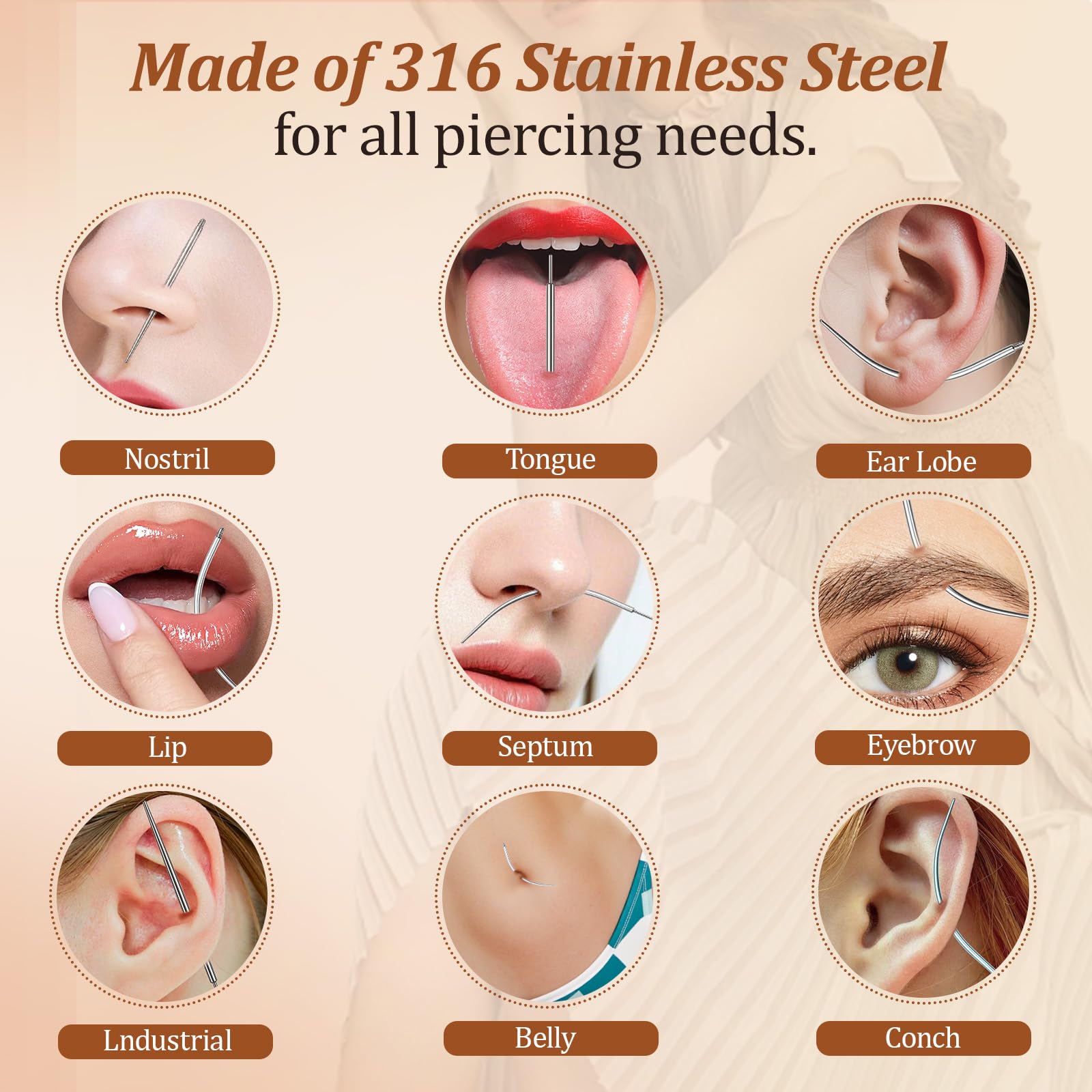 Piercing Taper Tool 18Pcs - 14G, 16G, 18G, 20G, Straight, Curved Needles - Piercing Insertion Tool Set for Nose Studs, Lip Rings, Earring - Changing Tool for Piercings