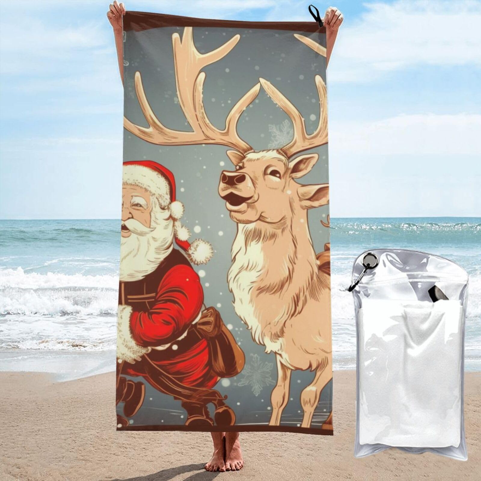 BWWHCCTI Santa Claus and Deer Elk Printed Microfiber Quick Dry Beach Towel 70x140 CM, Fast Drying Bath Towels with Bags for Travel,Camping,Gym,Beach,Swimming,Yoga
