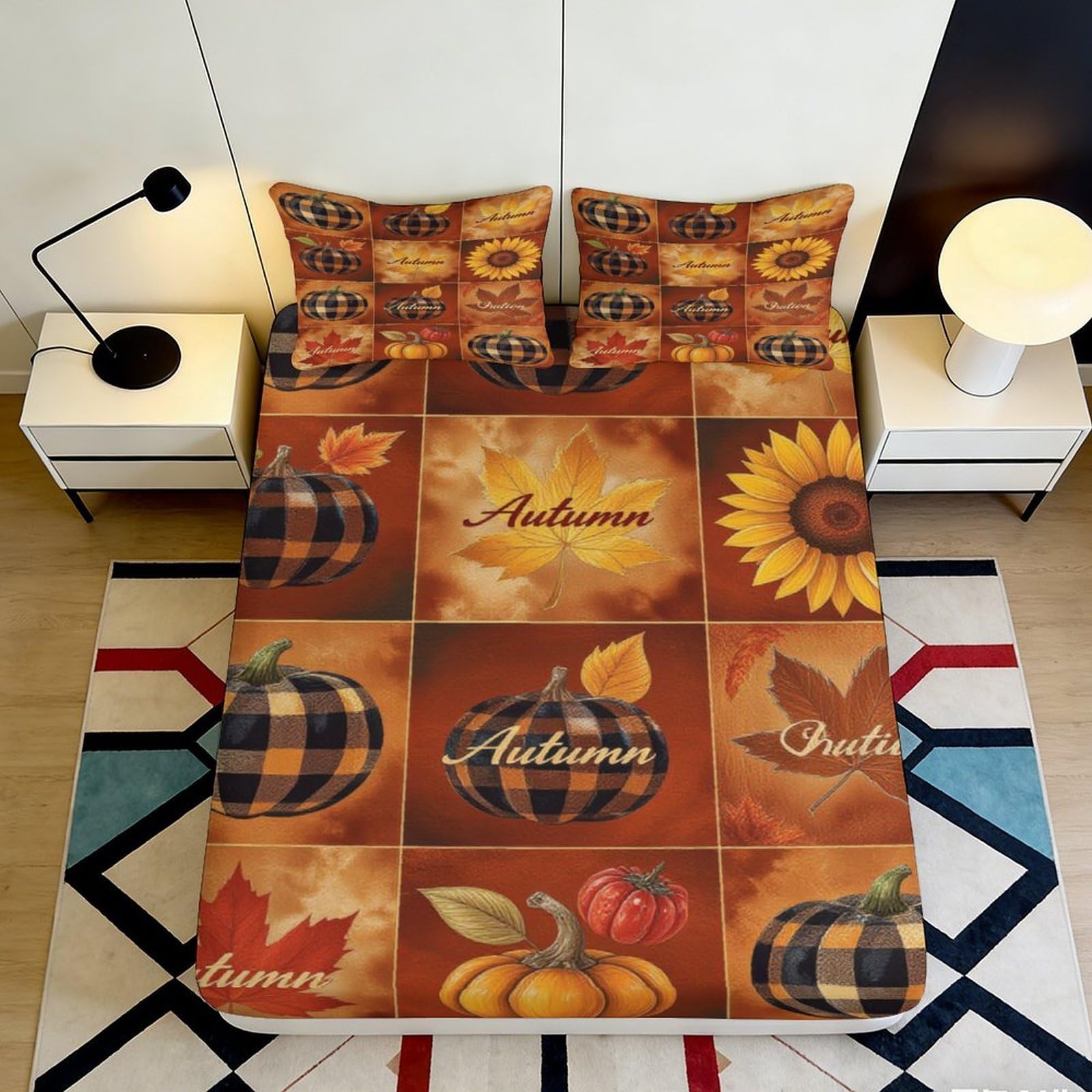 Pnayamiorkfel Style-10 3D Printed Autumn Pumpkin Fitted Sheet Microfiber Sunflower Bed Cover Orange Plaid For Bedroom Guest Room Decor 90X200x25cm
