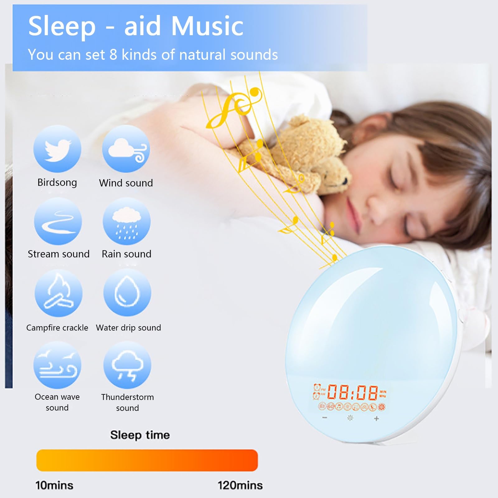 Réveil Lumineux avec Simulation Du Lever Du Soleil et Double Alarme, Veilleuse 7 Couleurs, Radio FM et Générateur De Bruit Blanc pour Un Réveil Naturel et Une Aide Au Sommeil