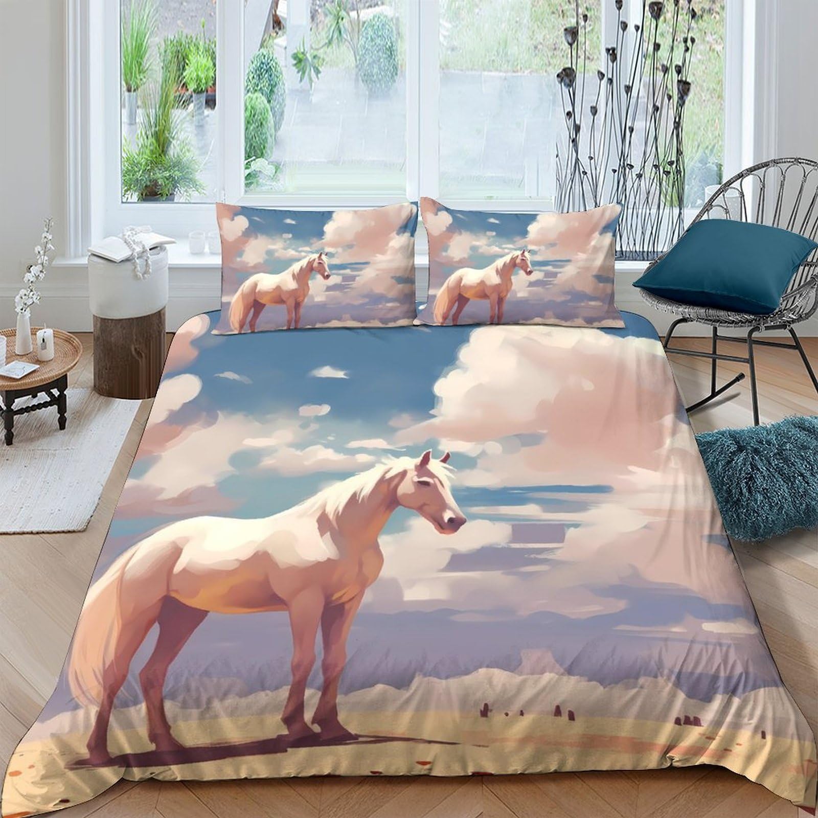 Ctjqhvkz Style-1 3D Printed White Horse Sky Fitted Sheet Microfiber Soft Breathable Cloud Bed Cover For Bedroom Dorm Decor Single（135X200cm）