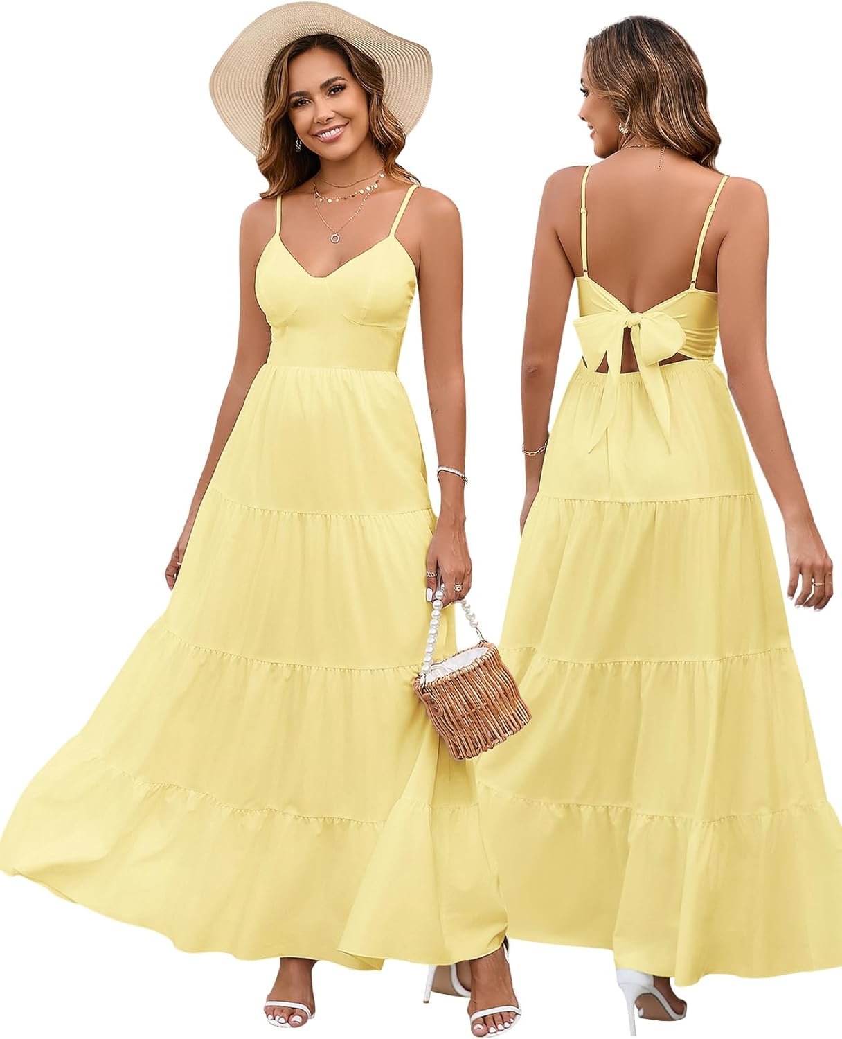 HTZMO Women Casual Summer Floral Maxi Sundress V Neck Spaghetti Strap Bow Tie Backless Flowy Boho Beach Long Dress 2026