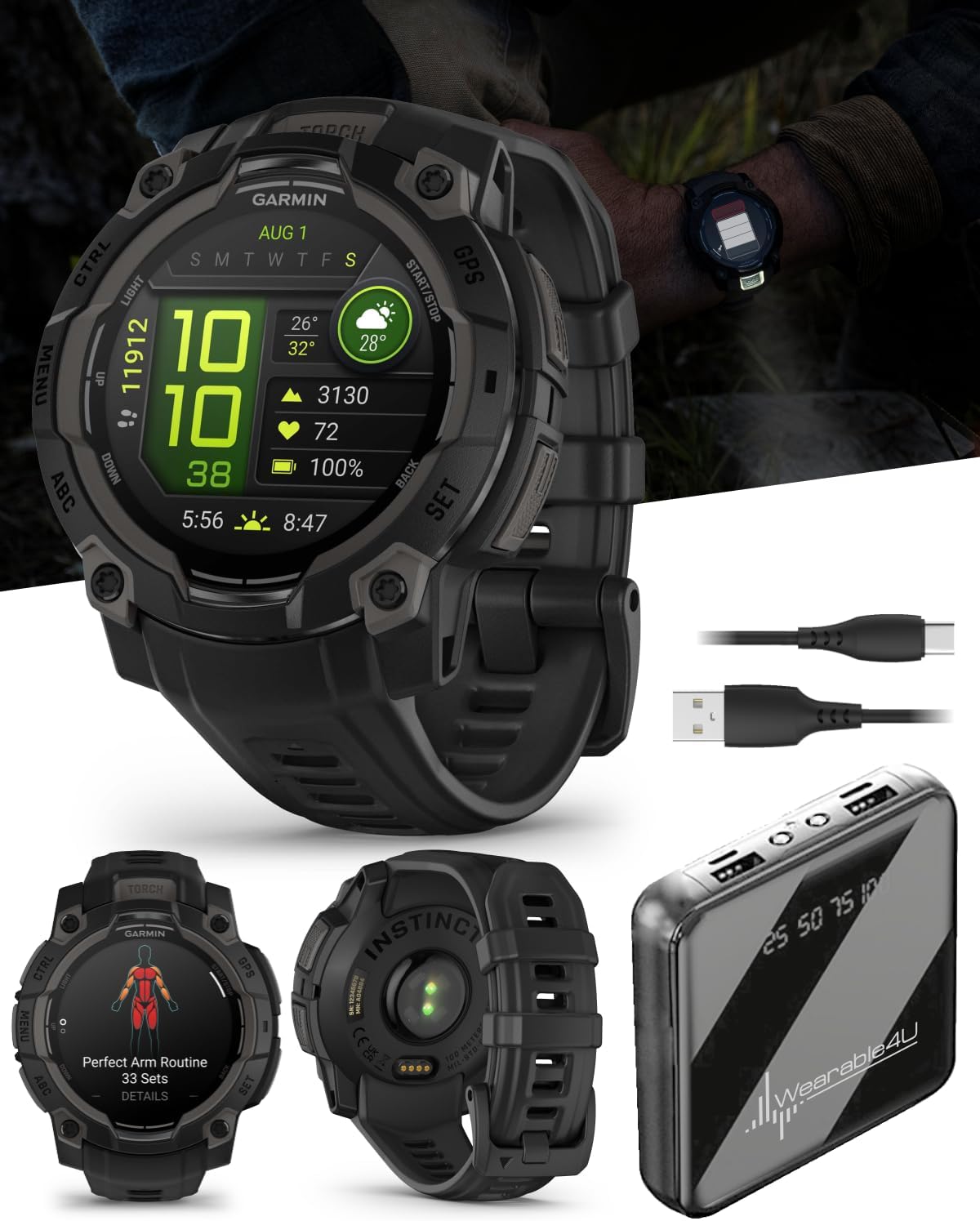 Wearable4U Garmin Instinct 3 45mm, AMOLED Display, Rugged Outdoor GPS Smartwatch, Metal-Reinforced Bezel, Built-in Flashlight, Up to 18 Days of Battery Life, Black Bundle