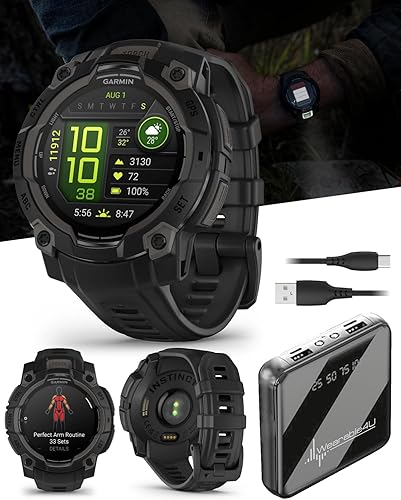 Wearable4U Garmin Instinct 3 45mm, pantalla AMOLED, reloj inteligente GPS resistente para exteriores, bisel reforzado con metal, linterna