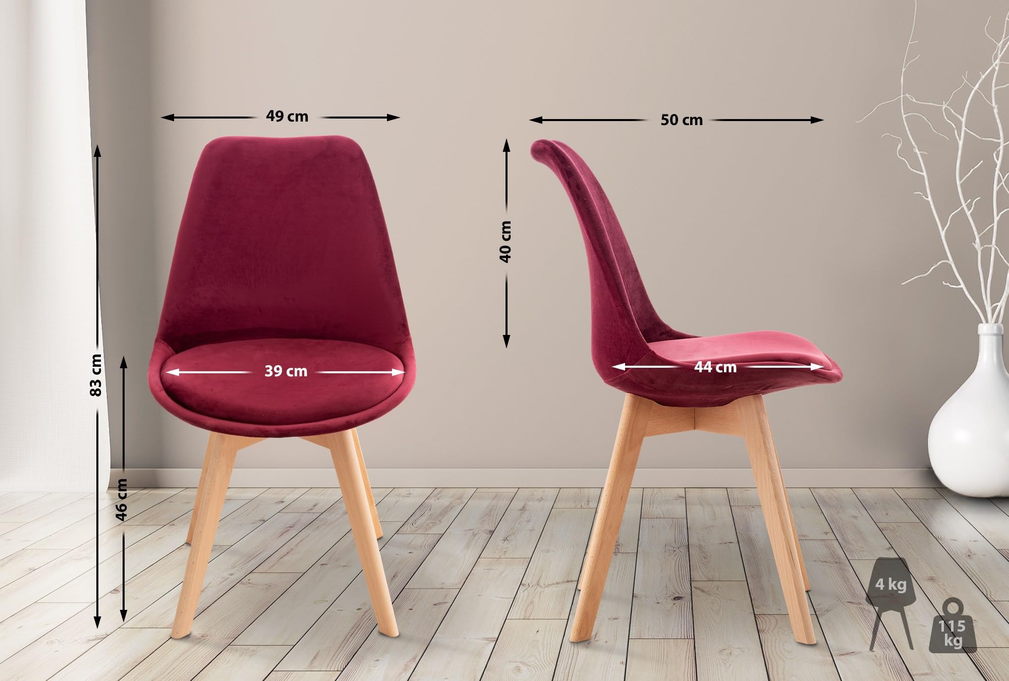 CLP Silla De Comedor Linares En Tela, Pana, Terciopelo o En Polipropileno & Cojín En Simil Cuero con Base De Madera, Color:Burdeos, Material:Terciopelo