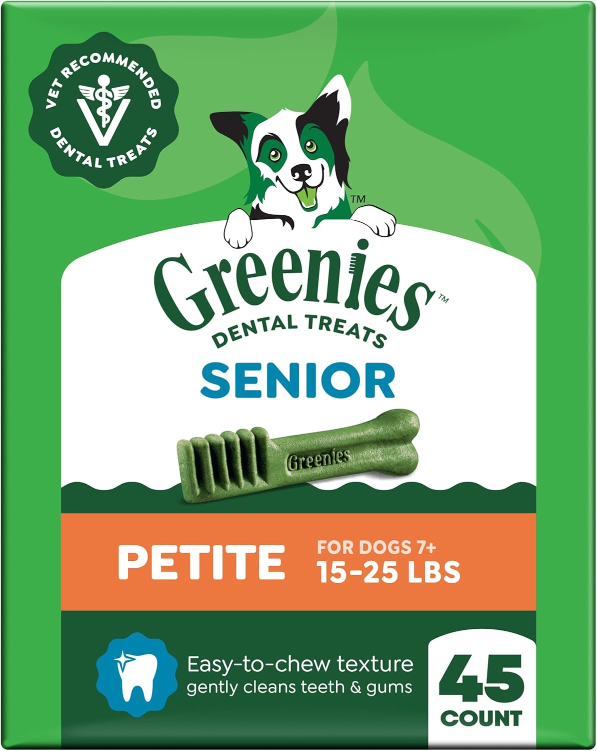 Greenies Dental Treats for Dogs, Veterinarian-Recommended Aging Care Adult Natural Dental Dog Treats, Petite Size, 27 oz. Pack, 45 Count
