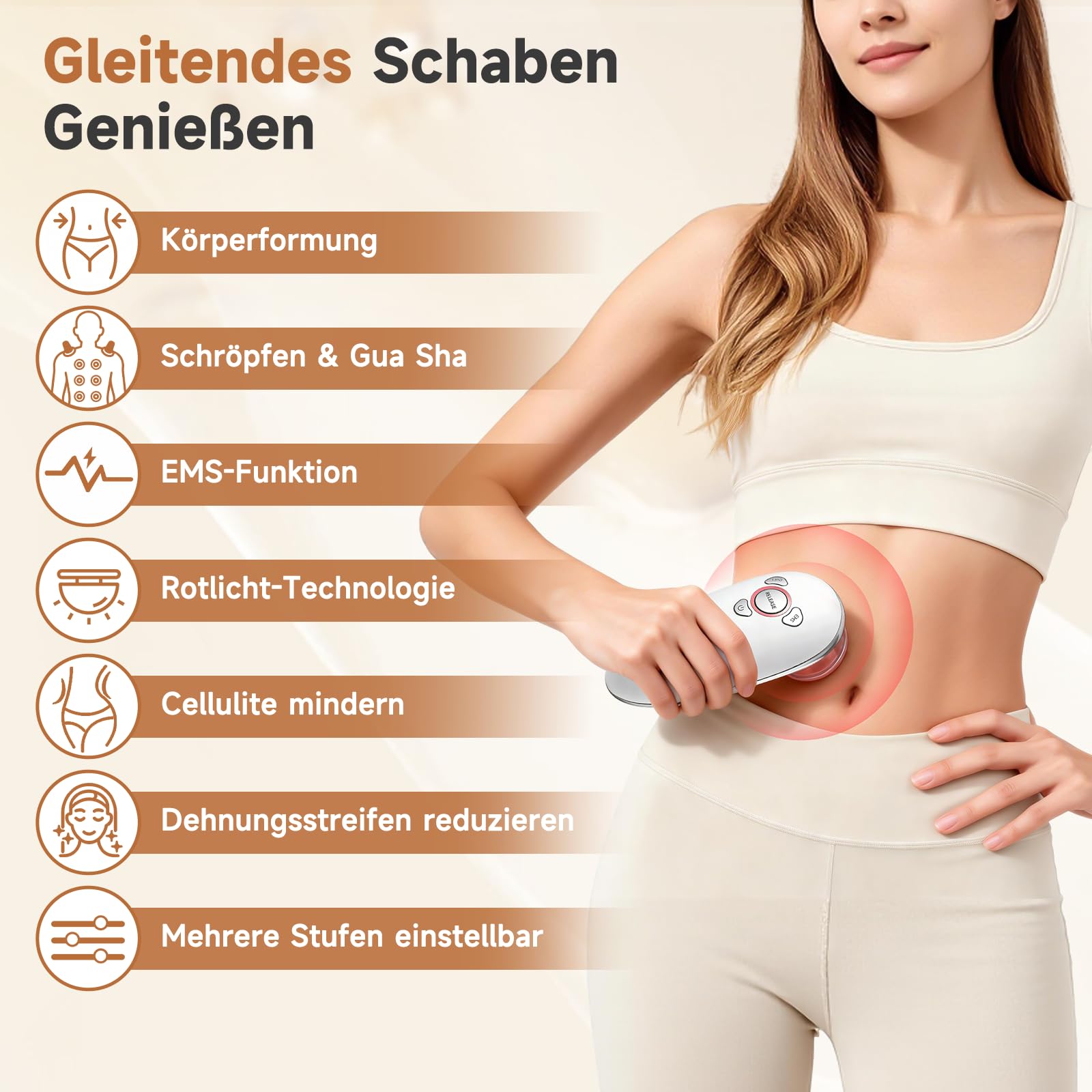 3 in1 Schröpfmassagegerät Elektrisch mit EMS & Rotlicht, Tragbarer Massage Gun für Lymphstimulierende Massage und Körpermodellierung - Für Gesicht, Bauch, Beine, Po zur Straffung und Entspannung