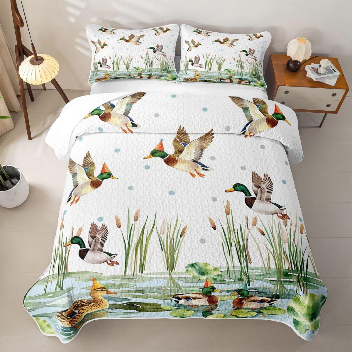 jejeloiu Cute Mallard Quilt Set Twin Size Kids Boys Girls Bedding