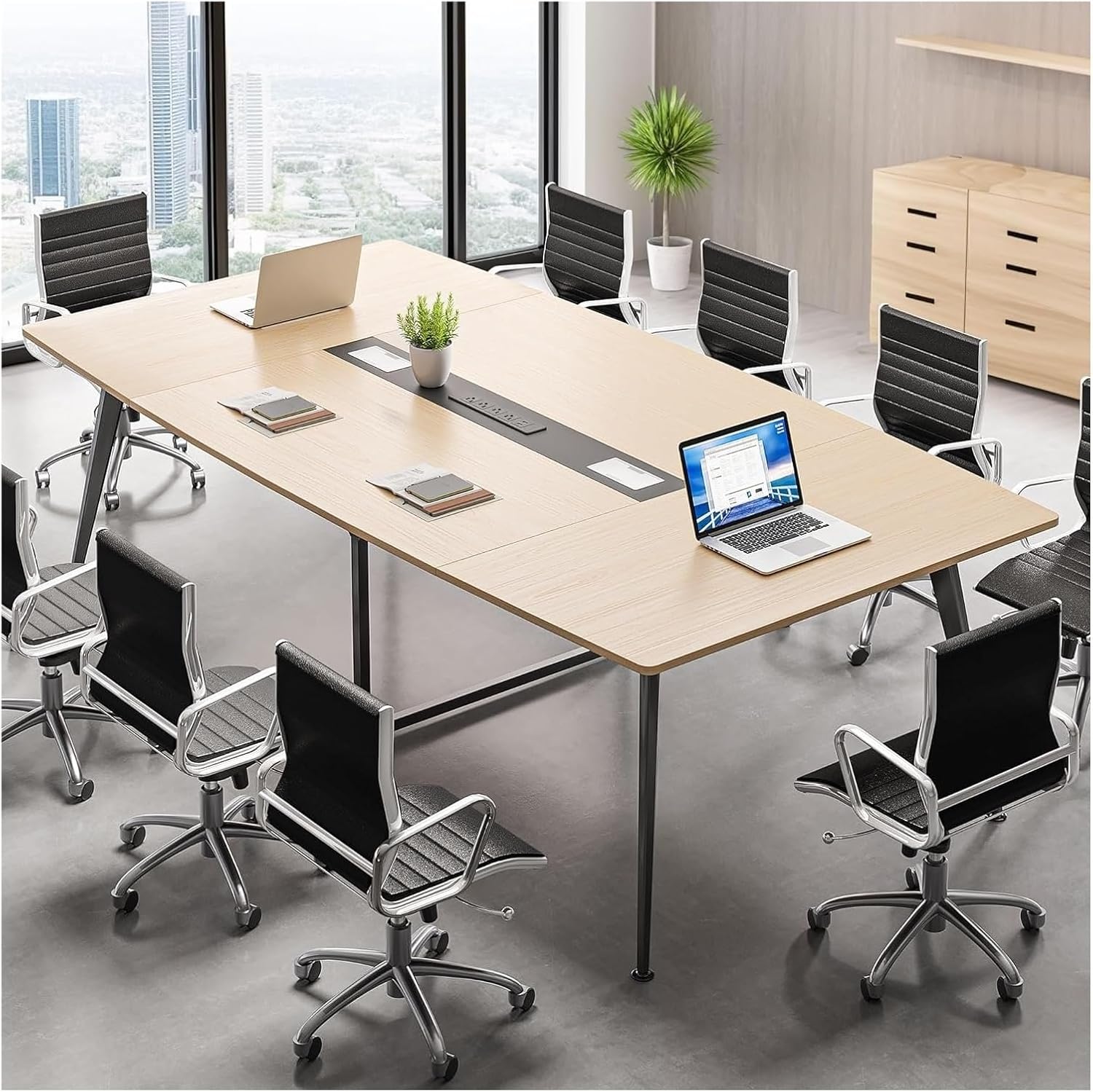 Conference Tables 6 FT Conference Table with Power Outlets, 70.8 Inches Boat Shaped Meeting Table with Rectangle Grommet,Stand