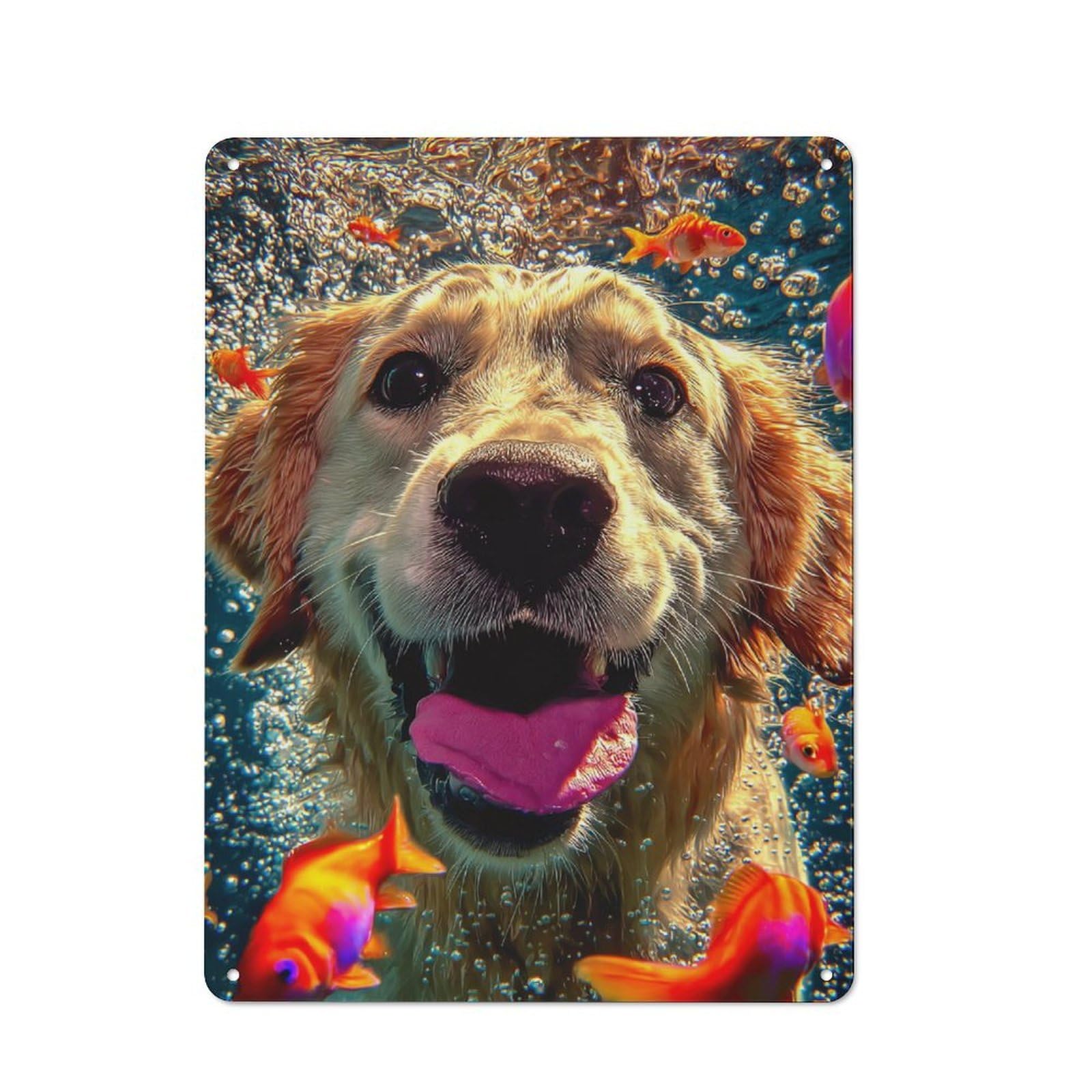 Junmoney Underwater Adventure With Golden Retriever Retro Metal Wall Sign 40X30cm For Café Or Home Bar, For Home Bar Enthusiasts, For Retro Home Interiors